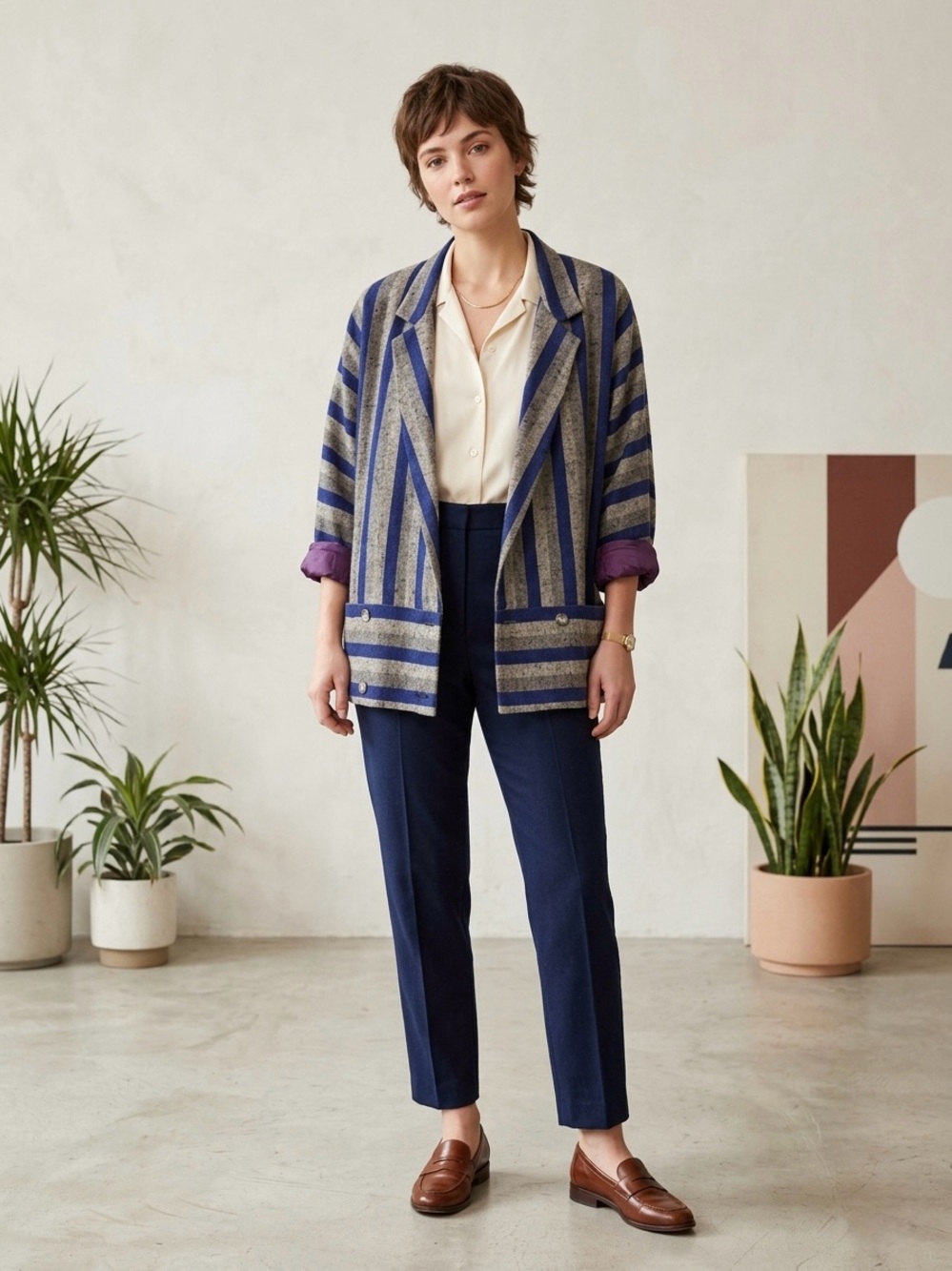 VTG 80s Rojean Striped Double Breasted Blazer Jacket New Wave Made USA Tweed